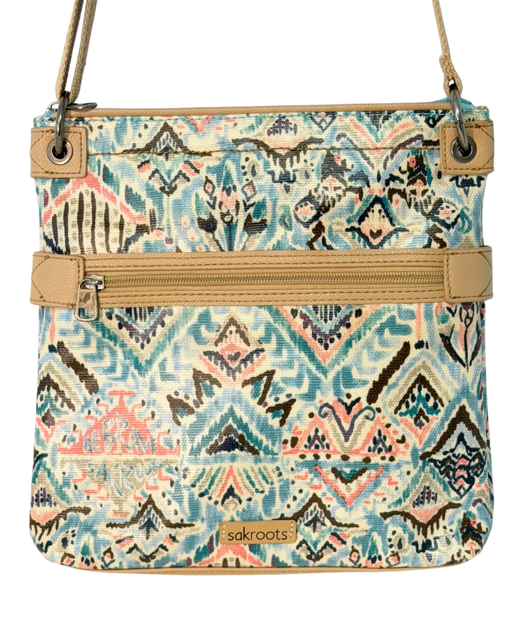 Sakroots Messenger Bag Crossbody Strap Coated Canvas Primitive Horses Pastels